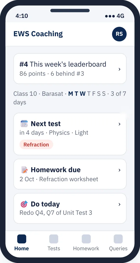 EWS app home: this week's leaderboard, next test, homework due and what to do today
